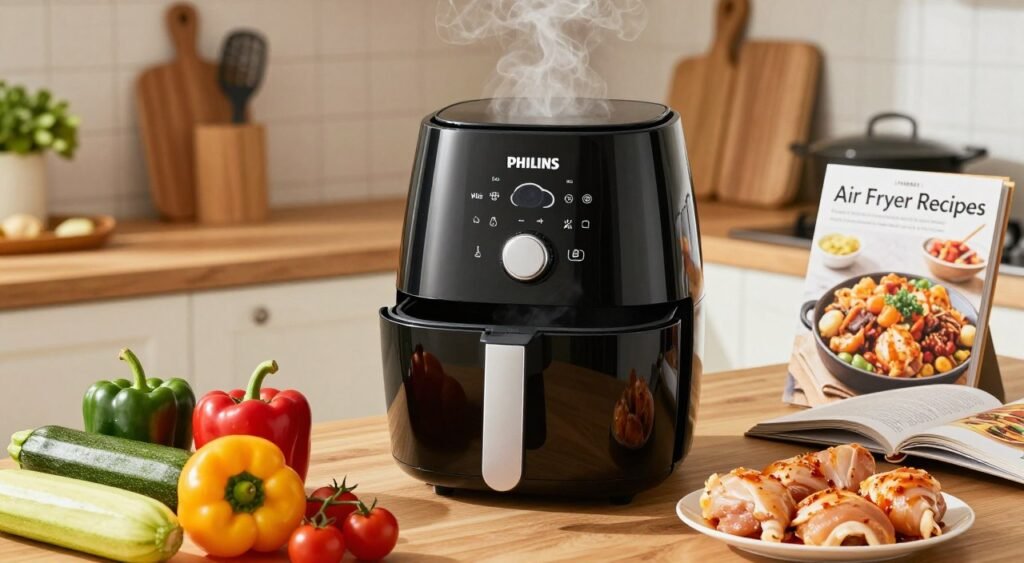 A cozy kitchen setting featuring an Air Fryer Philips Walita Essential XL at the center, surrounded by an array of colorful ingredients. In the foreground, there are fresh vegetables like bell peppers, zucchini, and cherry tomatoes, alongside marinated chicken pieces, ready for cooking. The middle ground shows the Air Fryer in use, with steam gently rising from the top, creating an inviting atmosphere. The background includes a wooden countertop with cooking utensils and a recipe book titled “Air Fryer Recipes,” open to a page with delicious images of cooked meals. The lighting is warm and natural, highlighting the freshness of the ingredients, creating a vibrant and inviting mood, perfect for a cooking inspiration theme.