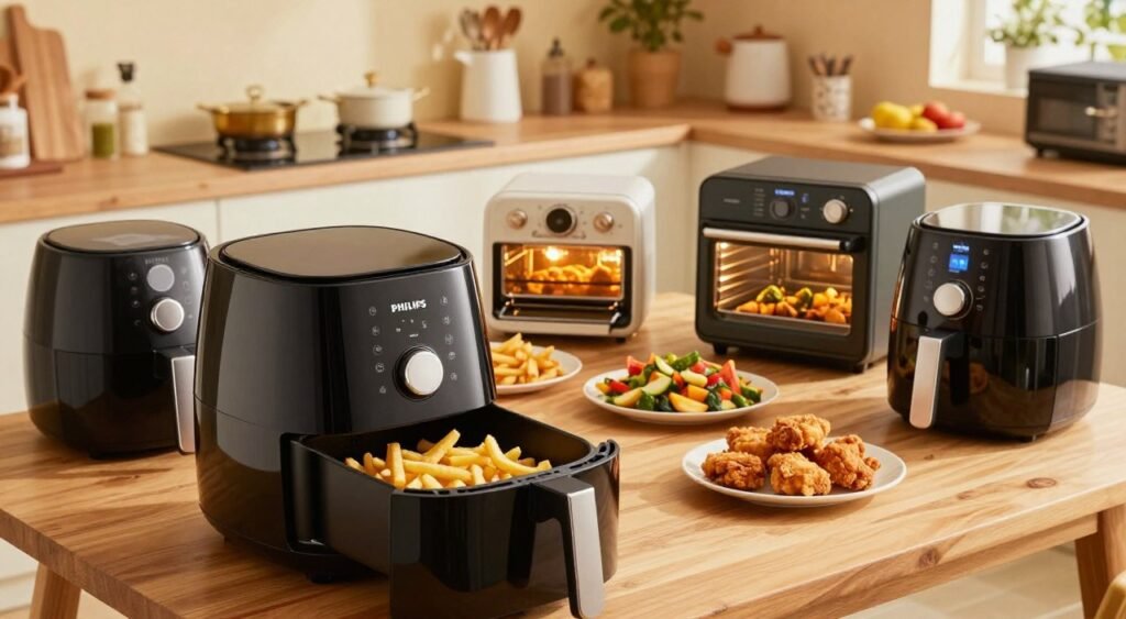 A vibrant kitchen scene showcasing a Philips Walita Essential XL air fryer prominently in the foreground, highlighted with warm, inviting lighting to emphasize its sleek design. Surrounding the air fryer are several other electric fryers, such as a basket-style fryer, a convection oven, and a digital air fryer, each distinct in shape and color for comparison. In the middle ground, a wooden table displays a variety of cooked dishes, like golden fries, vegetable medleys, and crispy chicken, illustrating the cooking versatility of each fryer. The background features a bright, cheerful kitchen with modern appliances, creating a homely atmosphere. The camera angle is slightly above eye level, capturing both the fryers' details and the delicious food spread, conveying a sense of warmth and culinary excitement. The overall mood is inviting and informative, perfect for illustrating a comparison of electric fryers.