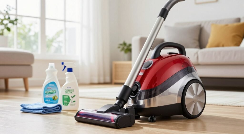 A clean and modern Eletrolux Easybox vacuum cleaner prominently displayed in a bright, well-lit living room environment. The foreground features the vacuum cleaner in polished metallic and vibrant colors, with clear details showcasing its design and features. In the middle ground, there are a few eco-friendly cleaning products and a microfiber cloth, hinting at maintenance tips to maximize the vacuum's lifespan. The background displays a tidy, inviting space with soft natural lighting filtering through large windows, conveying a fresh and neat atmosphere. The image should evoke a sense of practicality and efficiency, ideal for a home care setting, captured at a slight angle to highlight the vacuum's versatility and modern aesthetic. No text or watermarks should be present.