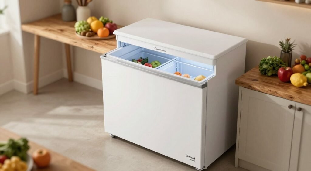 A horizontal freezer, specifically the Consul Modelo CHB53EB, prominently displayed in a well-lit, modern kitchen setting. The freezer should in focus in the foreground, showcasing its clean lines and sleek white exterior. In the middle ground, include a rustic wooden countertop with fresh groceries like fruits and vegetables artfully arranged beside the freezer, emphasizing its use for food storage. The background features neutral-colored walls and soft ambient lighting, creating a warm atmosphere. The image captures a practical, inviting ambiance, suitable for families looking for reliable storage solutions. Use a slight overhead angle to highlight the freezer's capacity and functionality, projecting a feeling of spaciousness and organization. A horizontal freezer, specifically the Consul Modelo CHB53EB, prominently displayed in a well-lit, modern kitchen setting. The freezer should in focus in the foreground, showcasing its clean lines and sleek white exterior. In the middle ground, include a rustic wooden countertop with fresh groceries like fruits and vegetables artfully arranged beside the freezer, emphasizing its use for food storage. The background features neutral-colored walls and soft ambient lighting, creating a warm atmosphere. The image captures a practical, inviting ambiance, suitable for families looking for reliable storage solutions. Use a slight overhead angle to highlight the freezer's capacity and functionality, projecting a feeling of spaciousness and organization.