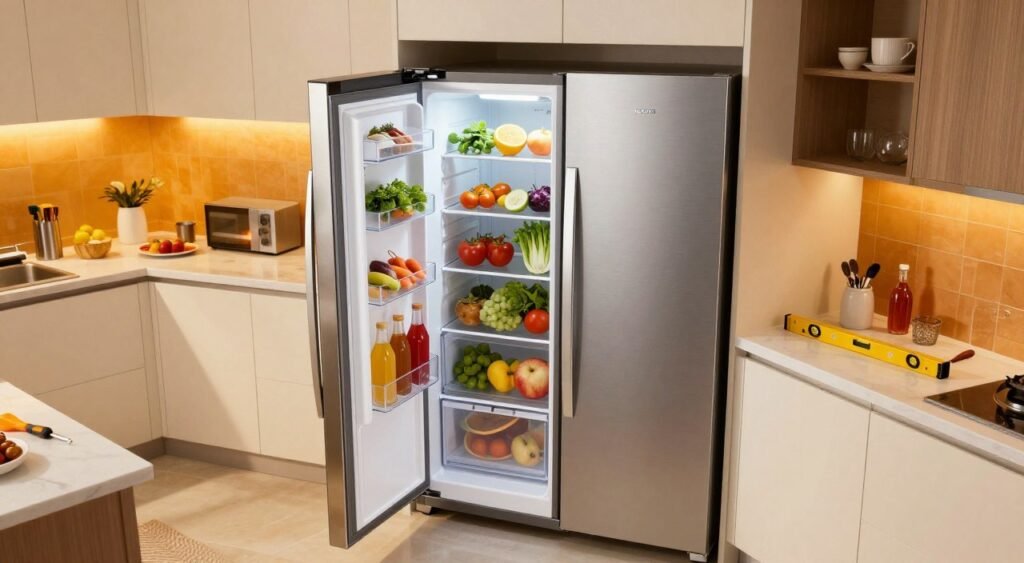 A modern Brastemp refrigerator (Model BRE57FB) installed in a stylish kitchen, showcasing its sleek design and chrome accents. In the foreground, the refrigerator's door is slightly open, revealing neatly organized shelves filled with fresh produce and beverages. The middle features the kitchen counter with tools for installation, such as a screwdriver and level, symbolizing the installation process. In the background, warm, soft lighting illuminates the space, enhancing the contemporary decor of the kitchen, which includes stylish cabinets and a vibrant backsplash. The atmosphere is bright and inviting, reflecting a sense of comfort and efficiency in home maintenance. The camera angle is slightly angled from above, focusing on the refrigerator while capturing the entire kitchen layout in a balanced composition.