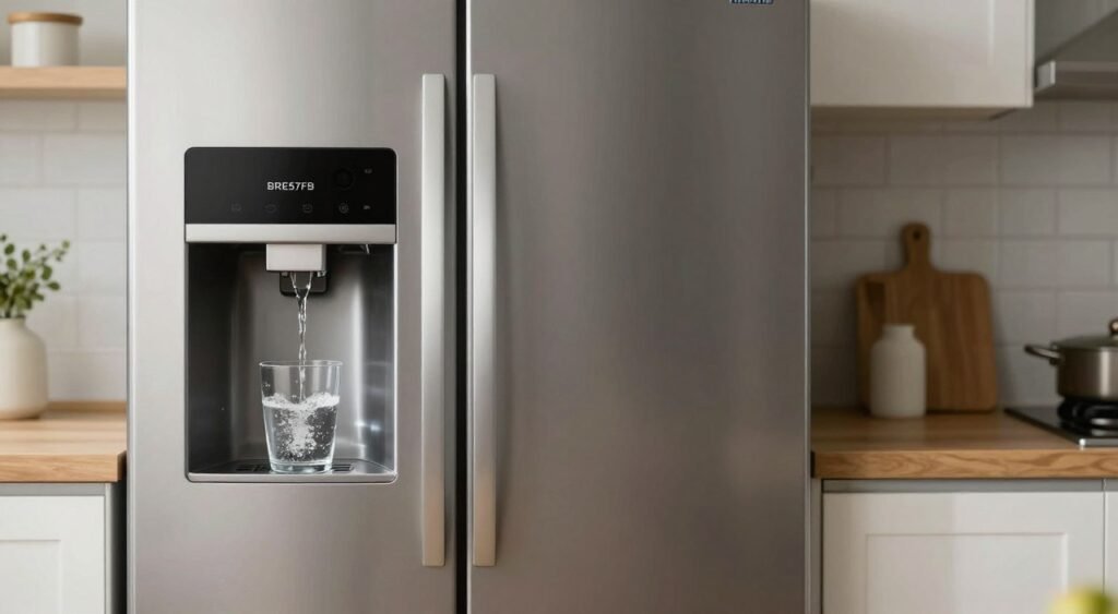 A modern Brastemp refrigerator model BRE57FB with a sleek water and ice dispenser prominently displayed on the front. The refrigerator's stainless steel finish gleams in soft, natural lighting, giving it a polished yet inviting look. In the foreground, the dispenser is highlighted, showcasing a glass filling up with clear water, capturing the motion of water flow. The middle ground features the refrigerator's elegant handles and seamless design, while the background is a tastefully styled kitchen with muted colors, evoking a cozy and contemporary atmosphere. The focus is sharp, with a slight bokeh effect on the kitchen elements, creating a warm, homey feel. The mood is clean and refreshing, perfect for showcasing the functionality of the appliance.