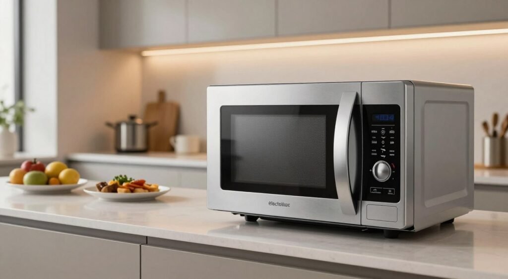 A modern Electrolux MEO44 microwave oven positioned prominently in a well-lit, contemporary kitchen. In the foreground, the sleek design of the microwave showcases its user-friendly digital interface with various buttons and settings visible. In the middle ground, a stylish countertop displays an array of dishes ready for microwaving, emphasizing the appliance's versatility in cooking. The background features clean lines of cabinetry and a warm, inviting atmosphere created by subtle ambient lighting. The image is captured from a slightly elevated angle to provide a clear view of the microwave’s control panel, enhancing the focus on its features and functions. The overall mood is modern and functional, highlighting the efficiency and style of the Electrolux MEO44.