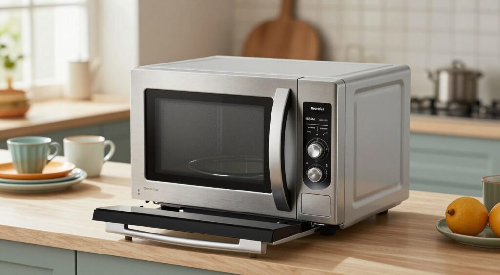 A modern Electrolux MEO44 microwave oven sits elegantly on a kitchen countertop, showcasing its sleek design and stainless-steel finish. In the foreground, the microwave door is open slightly, revealing a neatly organized interior with a glass turntable. The middle of the image features the microwave prominently, surrounded by stylish kitchen accessories like colorful dishware and utensils, enhancing the aesthetic appeal. In the background, a softly blurred kitchen setting captures warm, inviting natural light streaming in through a window, adding a cozy atmosphere. The image is taken from a slightly elevated angle to highlight the microwave's features, with a shallow depth of field that draws attention to the product while maintaining a clean and professional look. The overall mood is modern and functional, perfect for illustrating the cost-effectiveness and appeal of the Electrolux MEO44.