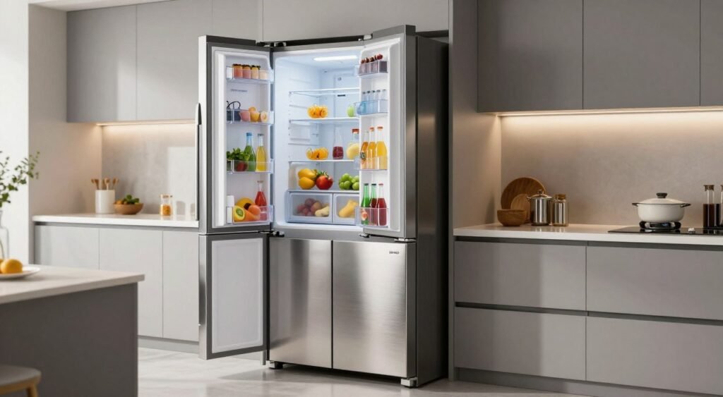 A modern Electrolux TF70 side-by-side refrigerator prominently displayed in a well-lit kitchen. The foreground showcases the refrigerator, highlighting its sleek stainless steel finish, spacious double doors with glass shelves partially open, revealing fresh fruits and beverages inside. In the middle, a stylish countertop with kitchen essentials complements the appliance, while sleek cabinetry provides a contemporary backdrop. The lighting is bright and inviting, emphasizing the polished surfaces and interior details. The angle captures the refrigerator from a slight height, giving a comprehensive view of its features. Overall, the image conveys a sense of efficiency, modern design, and practicality, perfect for a comparison between the Electrolux TF70 and its competitors. A modern Electrolux TF70 side-by-side refrigerator prominently displayed in a well-lit kitchen. The foreground showcases the refrigerator, highlighting its sleek stainless steel finish, spacious double doors with glass shelves partially open, revealing fresh fruits and beverages inside. In the middle, a stylish countertop with kitchen essentials complements the appliance, while sleek cabinetry provides a contemporary backdrop. The lighting is bright and inviting, emphasizing the polished surfaces and interior details. The angle captures the refrigerator from a slight height, giving a comprehensive view of its features. Overall, the image conveys a sense of efficiency, modern design, and practicality, perfect for a comparison between the Electrolux TF70 and its competitors.