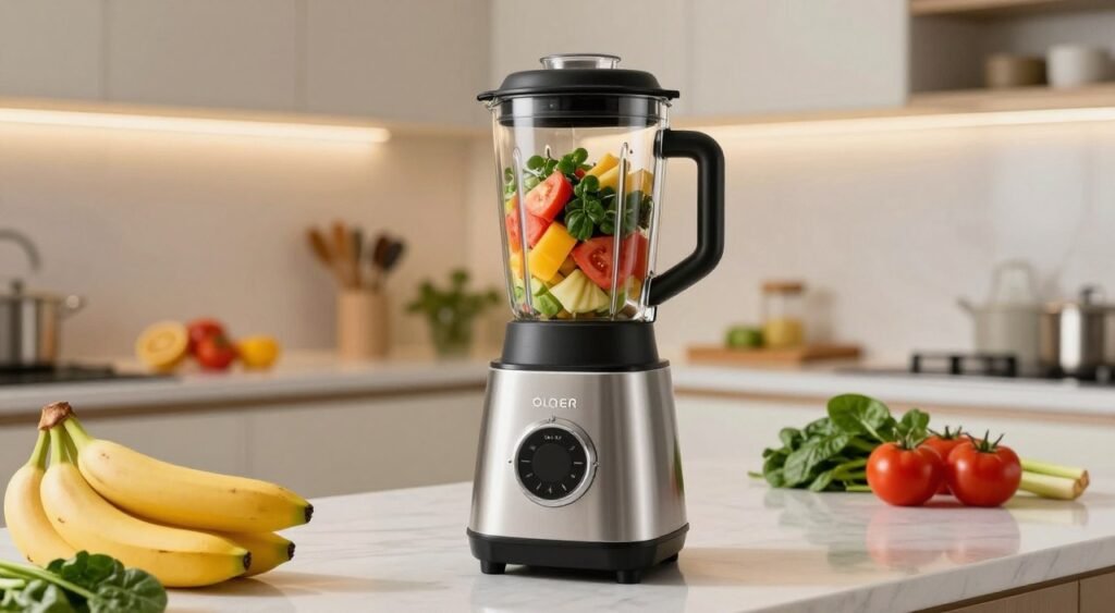 A modern Oster OLQ610 blender sits prominently in the foreground, showcasing its sleek design and powerful features. The blender's glass pitcher is filled with a colorful mixture of fruits and vegetables, suggesting its versatility for various recipes. In the middle ground, a bright kitchen countertop is adorned with fresh ingredients like ripe bananas, vibrant spinach, and juicy tomatoes, hinting at meal preparation. The background features a well-organized kitchen with light-colored cabinets and warm ambient lighting, creating a welcoming atmosphere. The scene is captured from a slightly elevated angle, giving a comprehensive view of the blender in action. The lighting is soft and even, enhancing the colors of the ingredients and the blender's polished finish, evoking a sense of culinary creativity and excitement. A modern Oster OLQ610 blender sits prominently in the foreground, showcasing its sleek design and powerful features. The blender's glass pitcher is filled with a colorful mixture of fruits and vegetables, suggesting its versatility for various recipes. In the middle ground, a bright kitchen countertop is adorned with fresh ingredients like ripe bananas, vibrant spinach, and juicy tomatoes, hinting at meal preparation. The background features a well-organized kitchen with light-colored cabinets and warm ambient lighting, creating a welcoming atmosphere. The scene is captured from a slightly elevated angle, giving a comprehensive view of the blender in action. The lighting is soft and even, enhancing the colors of the ingredients and the blender's polished finish, evoking a sense of culinary creativity and excitement.