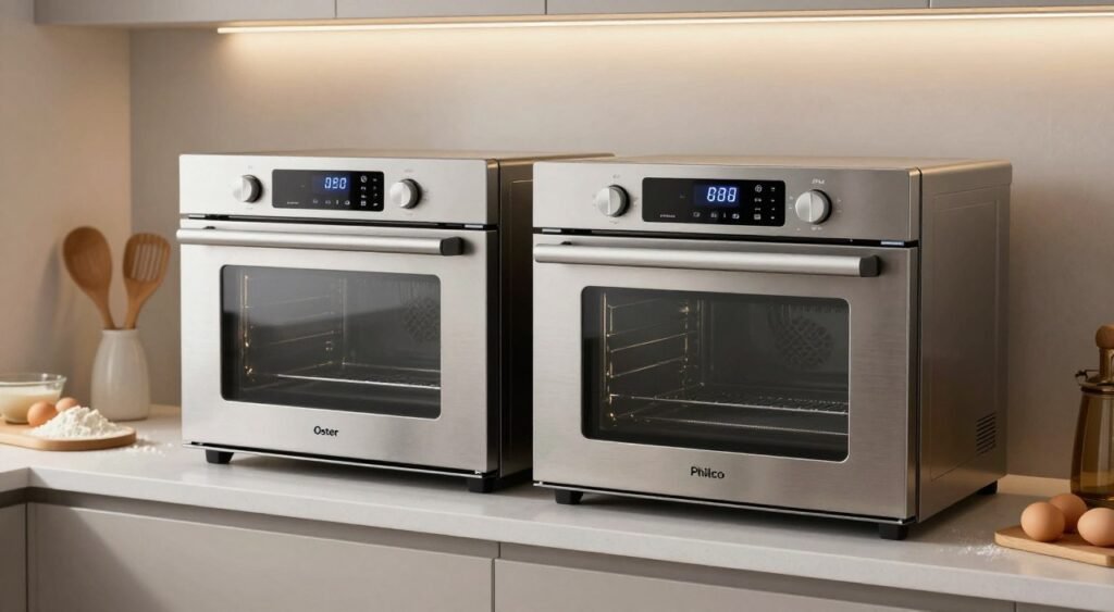 A modern kitchen scene showcasing two high-quality electric ovens side by side, one branded Oster and the other Philco. The foreground features sleek stainless steel finishes with digital displays and well-designed knobs, highlighting their advanced technology. The middle ground includes a countertop sprinkled with baking ingredients, like flour and eggs, suggesting a baking theme and inviting the viewer's imagination. The background shows soft, warm lighting emanating from above, creating a cozy atmosphere. The setting is clean and contemporary, with stylish kitchen utensils and decor subtly included, enhancing the appeal without distraction. Capture the image from a slightly elevated angle to emphasize the ovens' features while maintaining a focus on their functionality and design. A modern kitchen scene showcasing two high-quality electric ovens side by side, one branded Oster and the other Philco. The foreground features sleek stainless steel finishes with digital displays and well-designed knobs, highlighting their advanced technology. The middle ground includes a countertop sprinkled with baking ingredients, like flour and eggs, suggesting a baking theme and inviting the viewer's imagination. The background shows soft, warm lighting emanating from above, creating a cozy atmosphere. The setting is clean and contemporary, with stylish kitchen utensils and decor subtly included, enhancing the appeal without distraction. Capture the image from a slightly elevated angle to emphasize the ovens' features while maintaining a focus on their functionality and design.