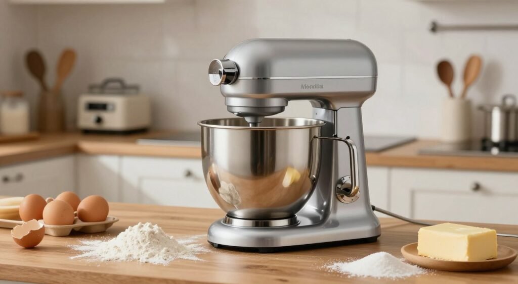 A modern kitchen setting featuring the Mondial BP-03 planetary mixer, prominently placed on a wooden countertop. The mixer is polished silver with a transparent bowl, reflecting the overhead soft, warm lighting, creating an inviting atmosphere. Flour and sugar scattered artfully around the mixer showcase its use, while fresh ingredients like eggs and butter are neatly arranged nearby. In the background, a blurred view of stylish kitchen appliances and utensils enhances the domestic charm. The scene is captured from a slight angle to emphasize the mixer, with a focus on its sleek design and features, evoking a sense of reliability and elegance for home baking enthusiasts.