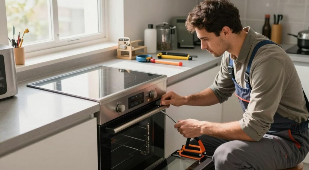 A modern kitchen setting showcasing an electric oven, prominently displayed on a sleek countertop. In the foreground, a professional technician in smart casual clothing is inspecting the oven, holding a toolkit. The technician appears focused and dedicated, embodying the theme of technical assistance. The middle ground includes a well-organized workspace with various tools and appliances, highlighting a sense of professionalism and reliability in appliance care. The background features soft natural light coming through a window, creating a warm and inviting atmosphere. The shot is taken from a slightly elevated angle, enhancing depth and providing a clear view of both the technician and the electric oven. The overall mood conveys trust and assurance in maintenance services. A modern kitchen setting showcasing an electric oven, prominently displayed on a sleek countertop. In the foreground, a professional technician in smart casual clothing is inspecting the oven, holding a toolkit. The technician appears focused and dedicated, embodying the theme of technical assistance. The middle ground includes a well-organized workspace with various tools and appliances, highlighting a sense of professionalism and reliability in appliance care. The background features soft natural light coming through a window, creating a warm and inviting atmosphere. The shot is taken from a slightly elevated angle, enhancing depth and providing a clear view of both the technician and the electric oven. The overall mood conveys trust and assurance in maintenance services.