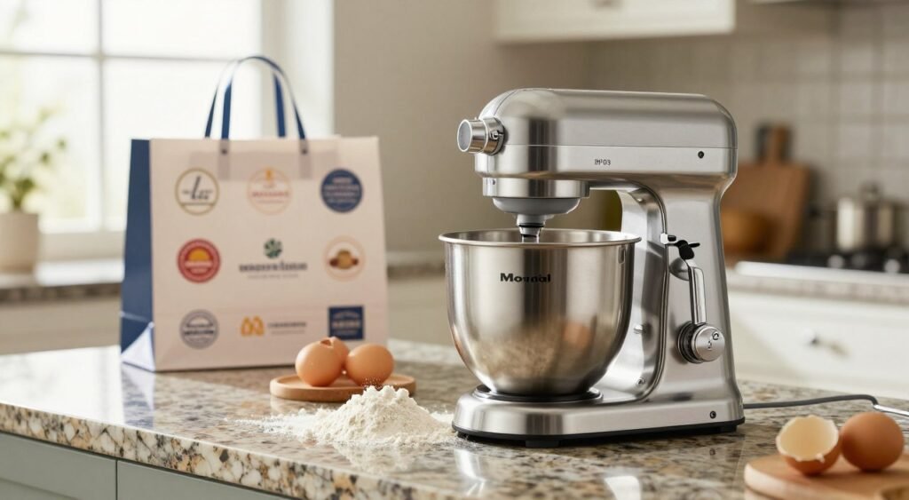 A modern kitchen setting with a sleek, stainless steel Mondial BP-03 planetary mixer prominently displayed on a polished granite countertop. In the foreground, the mixer is in action, with ingredients like flour and eggs artfully arranged around it, showcasing its functionality. In the middle ground, there's a stylish shopping bag with logos of popular appliance retailers subtly included. The background features a bright window with natural light pouring in, illuminating the scene and creating a warm atmosphere. Use a shallow depth of field to focus on the mixer while softly blurring the background. The overall mood is inviting and informative, emphasizing the idea of quality kitchen appliances and where to purchase them.