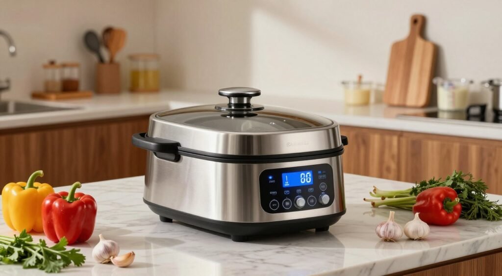 A modern, sleek multi-purpose electric cooker prominently displayed in the foreground, showcasing its shiny stainless steel body and digital control panel with illuminated buttons. Surrounding the cooker are fresh ingredients like colorful bell peppers, garlic, and herbs, emphasizing its versatility for various dishes. In the middle ground, a well-designed kitchen setting with warm wood cabinets and a marble countertop enhances the scene, and soft ambient lighting gives the space a cozy atmosphere. In the background, there are useful kitchen utensils like a cutting board and measuring cups, subtly hinting at the cooker’s functions. The angle is slightly elevated, capturing the entirety of the setup while creating a welcoming and practical mood, inviting viewers to explore the culinary possibilities.