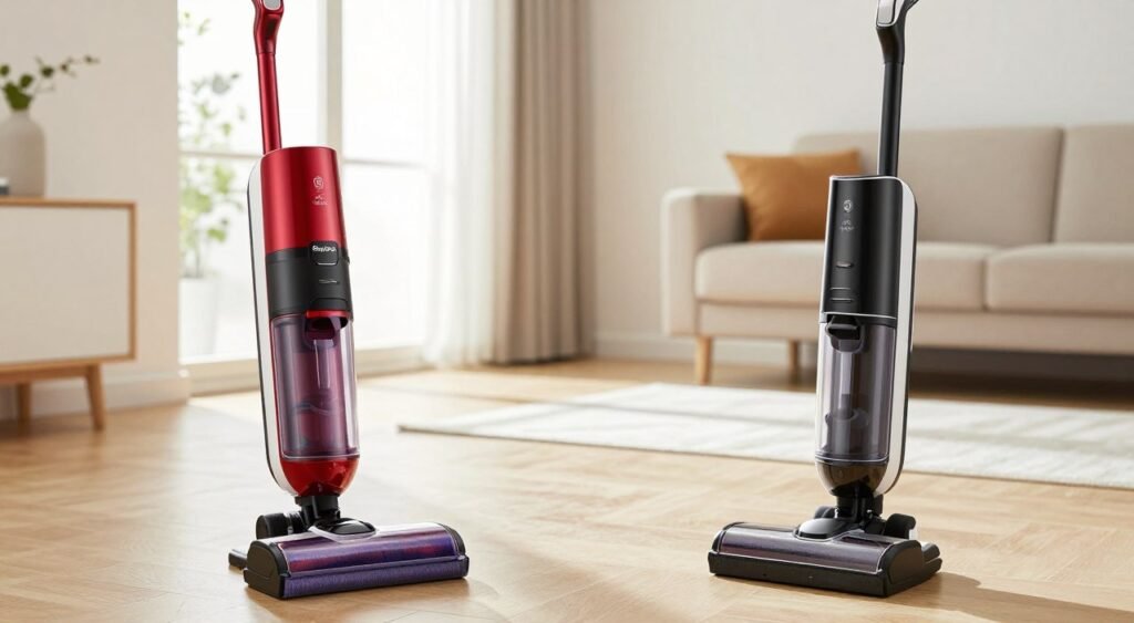 A side-by-side comparison of two upright vacuum cleaners in a bright, modern home setting, showcasing the Electrolux Easybox on the left and a competing model on the right. The foreground features the Easybox with a polished surface and vibrant color, highlighting its ergonomic design. In the middle, the competing model displays a contrasting aesthetic, capturing different features like attachments and control layout. The background reveals a clean, stylish living room with soft afternoon light streaming through a window, creating a warm and inviting atmosphere. Focus on sharp details and textural contrasts between the products. Use a slightly elevated camera angle to emphasize the features, and ensure the image conveys an informative and professional mood.