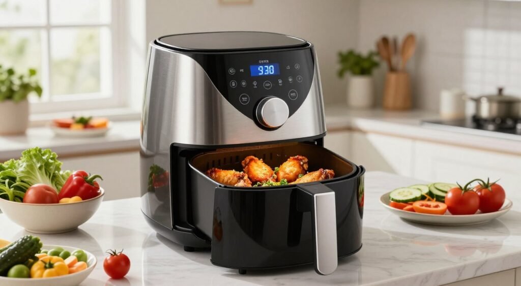 A sleek Oster OFRT780 air fryer sits prominently in the foreground, showcasing its modern design with a digital interface and stainless steel finish. Inside the air fryer, golden-brown chicken wings are visible, crisp and appetizing, garnished with fresh herbs. In the middle ground, a kitchen countertop is elegantly arranged with bowls of colorful, fresh vegetables and side dishes. Soft, natural light streams in from a nearby window, creating a warm and inviting atmosphere. The background features minimalistic kitchen decor, with potted herbs and utensils neatly organized. The composition captures a sense of culinary delight and healthy cooking, emphasizing the air fryer's role in producing delicious, quality food. The overall mood is vibrant and inviting, perfect for a food-focused review. A sleek Oster OFRT780 air fryer sits prominently in the foreground, showcasing its modern design with a digital interface and stainless steel finish. Inside the air fryer, golden-brown chicken wings are visible, crisp and appetizing, garnished with fresh herbs. In the middle ground, a kitchen countertop is elegantly arranged with bowls of colorful, fresh vegetables and side dishes. Soft, natural light streams in from a nearby window, creating a warm and inviting atmosphere. The background features minimalistic kitchen decor, with potted herbs and utensils neatly organized. The composition captures a sense of culinary delight and healthy cooking, emphasizing the air fryer's role in producing delicious, quality food. The overall mood is vibrant and inviting, perfect for a food-focused review.