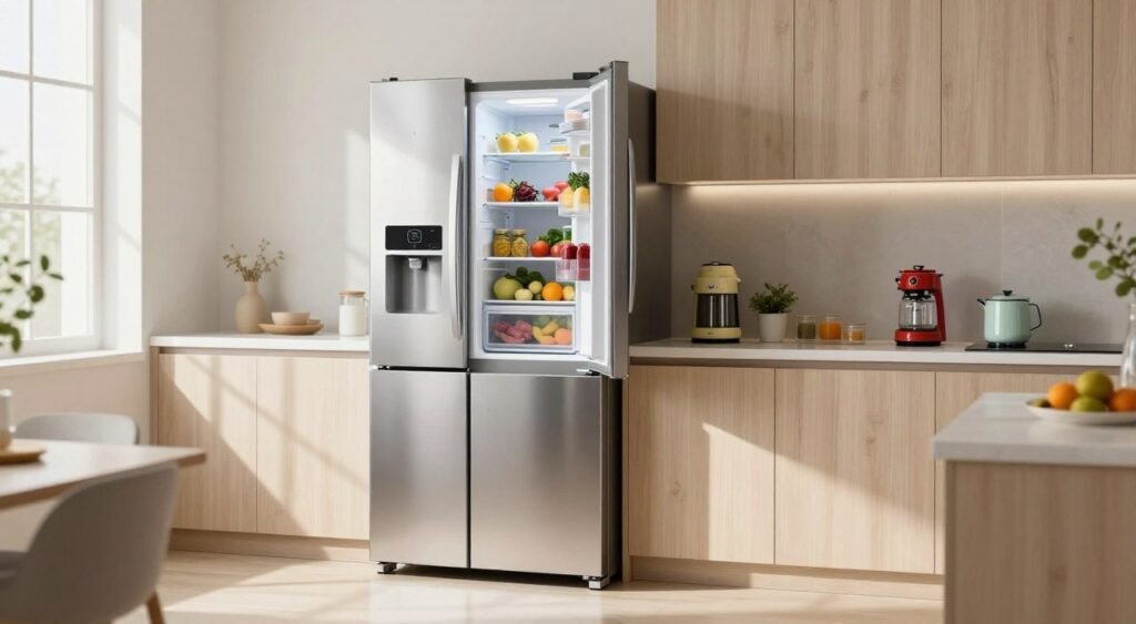 A sleek and modern Electrolux refrigerator model TF70 stands prominently in a bright, airy kitchen. In the foreground, the shiny stainless steel doors are slightly ajar, revealing a well-organized interior filled with fresh fruits, vegetables, and neatly arranged shelves for easy accessibility. The refrigerator features energy-efficient technology and ample storage space, emphasizing its practicality. In the middle ground, the kitchen counter showcases an array of colorful kitchen appliances that complement the fridge, while soft natural light streams in through a window, casting gentle shadows and highlighting the fridge's features. The background features a tastefully decorated kitchen with light wooden cabinets and a subtle decorative plant, creating a serene and inviting atmosphere, perfect for family gatherings. The overall mood conveys functionality and elegance, suitable for modern living. A sleek and modern Electrolux refrigerator model TF70 stands prominently in a bright, airy kitchen. In the foreground, the shiny stainless steel doors are slightly ajar, revealing a well-organized interior filled with fresh fruits, vegetables, and neatly arranged shelves for easy accessibility. The refrigerator features energy-efficient technology and ample storage space, emphasizing its practicality. In the middle ground, the kitchen counter showcases an array of colorful kitchen appliances that complement the fridge, while soft natural light streams in through a window, casting gentle shadows and highlighting the fridge's features. The background features a tastefully decorated kitchen with light wooden cabinets and a subtle decorative plant, creating a serene and inviting atmosphere, perfect for family gatherings. The overall mood conveys functionality and elegance, suitable for modern living.