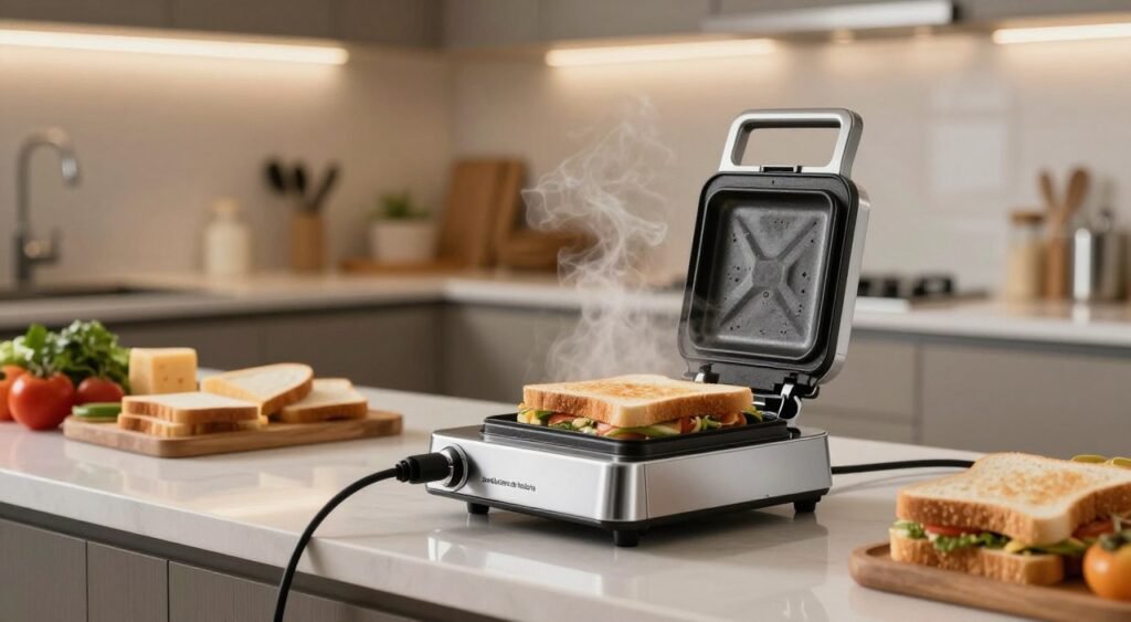 A sleek and modern "sanduicheira de hotelaria" sits prominently in the foreground, showcasing its elegant chrome finish and minimalist design. The appliance is plugged in, with a gentle steam rising from its grill plates, suggesting it is actively toasting sandwiches. In the middle ground, an inviting kitchen countertop is adorned with fresh ingredients, such as slices of bread, cheese, and vegetables, arranged neatly to emphasize the sandwich-making process. The background features a contemporary kitchen decor with soft, warm lighting illuminating the scene, creating a cozy and welcoming atmosphere. A slight depth of field effect allows the focus to remain on the sanduicheira, while the kitchen elements blur slightly, enhancing the central subject. The overall mood is inviting and professional, perfect for showcasing culinary innovation. A sleek and modern "sanduicheira de hotelaria" sits prominently in the foreground, showcasing its elegant chrome finish and minimalist design. The appliance is plugged in, with a gentle steam rising from its grill plates, suggesting it is actively toasting sandwiches. In the middle ground, an inviting kitchen countertop is adorned with fresh ingredients, such as slices of bread, cheese, and vegetables, arranged neatly to emphasize the sandwich-making process. The background features a contemporary kitchen decor with soft, warm lighting illuminating the scene, creating a cozy and welcoming atmosphere. A slight depth of field effect allows the focus to remain on the sanduicheira, while the kitchen elements blur slightly, enhancing the central subject. The overall mood is inviting and professional, perfect for showcasing culinary innovation.