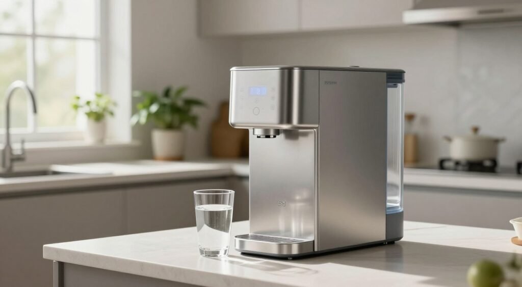 A sleek and modern water purifier prominently displayed in a bright, contemporary kitchen setting. The purifier features a minimalist design with a stainless steel finish and a digital display. In the foreground, a glass of crystal-clear water is placed beside the purifier, reflecting the sunlight streaming in through a nearby window, creating a warm and inviting atmosphere. The middle ground showcases a clean countertop with a few green plants, adding a touch of freshness. In the background, subtle kitchen elements like cabinets and a stylish backsplash provide context without distracting from the main subject. Soft, natural lighting enhances the image, emphasizing the purity and quality of the water. The overall mood is serene and informative, suitable for an article about choosing the best water purifier.