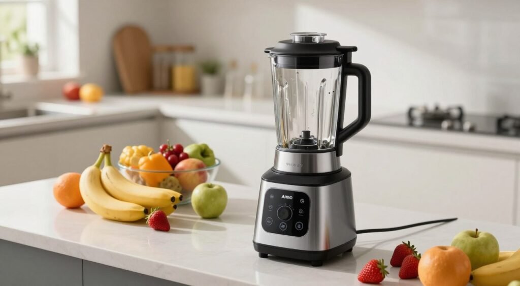 A sleek, modern Arno Power Max blender, prominently placed in the foreground, showcasing its glossy black and silver exterior with a user-friendly control panel. The blender is set against a bright kitchen countertop, clutter-free, with fresh fruits like bananas and strawberries artistically arranged beside it. In the middle ground, a vibrant kitchen scene includes a bowl filled with colorful ingredients, highlighting the blender's purpose. Soft, natural lighting comes from a nearby window, casting gentle shadows and illuminating the blender's sleek design. The background remains softly focused to emphasize the product while maintaining a warm and inviting atmosphere, ideal for kitchen appliances. The angle is slightly from above, capturing both the blender and ingredients, evoking a sense of culinary creativity and efficiency.