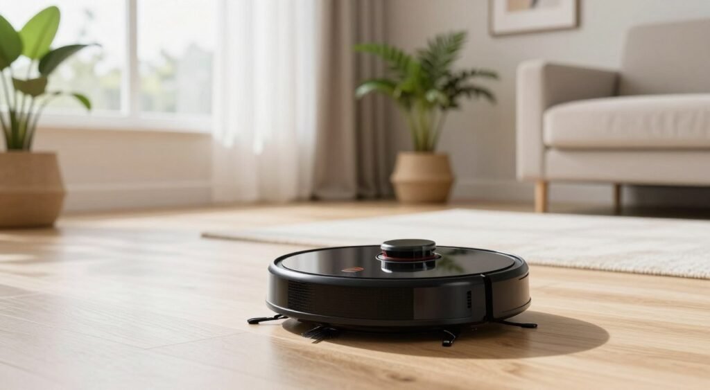 A sleek, modern automatic vacuum cleaner in a vibrant living room setting. In the foreground, the robotic vacuum, finished in glossy black with elegant curves, reflects soft lighting from a nearby window. The middle ground features a clean and organized space with light-colored wooden floors and a stylish area rug. Bright green plants near the window add freshness, while soft natural light floods the scene, creating a warm and inviting atmosphere. In the background, neutral-colored walls accentuate a minimalist décor with subtle artwork. The focus is on the vacuum in action, sweeping across the floor, showcasing its efficiency and design. The entire mood conveys a sense of innovation, cleanliness, and practicality in modern home living.