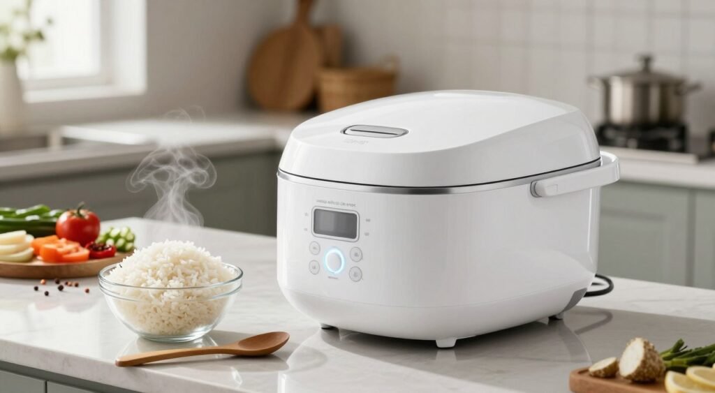 A sleek, modern rice cooker, or "panela elétrica de arroz," sits prominently on a polished kitchen countertop. The cooker is glossy white with stainless steel accents, displaying a digital interface with glowing buttons. In the foreground, a wooden spoon rests beside a mound of fluffy white rice in an elegant glass bowl, steam gently wafting from it, suggesting warmth and freshness. In the middle ground, colorful ingredients like chopped vegetables and spices are arranged neatly, hinting at a variety of delicious recipes possible with this appliance. The background features a cozy kitchen setting with soft, natural lighting filtering through a nearby window, enhancing the inviting atmosphere. The focus is sharp on the rice cooker, with a blurred effect surrounding it to create a sense of depth and culinary inspiration.
