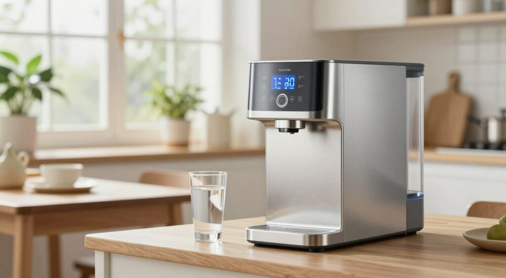 A sleek, modern water purifier prominently displayed in a well-lit kitchen setting. In the foreground, the purifier gleams with a polished stainless-steel finish and a digital panel indicating energy consumption levels. In the middle ground, a cozy kitchen table is set with a glass of crystal-clear water, symbolizing purity and sustainability. The background features soft, natural light filtering through a large window, illuminating green plants that evoke a sense of eco-friendliness. The atmosphere is clean and organized, highlighting the importance of energy efficiency in household appliances. The composition captures a blend of modern design and environmental consciousness, aiming for a bright, inviting feel without any distractions or text overlays.