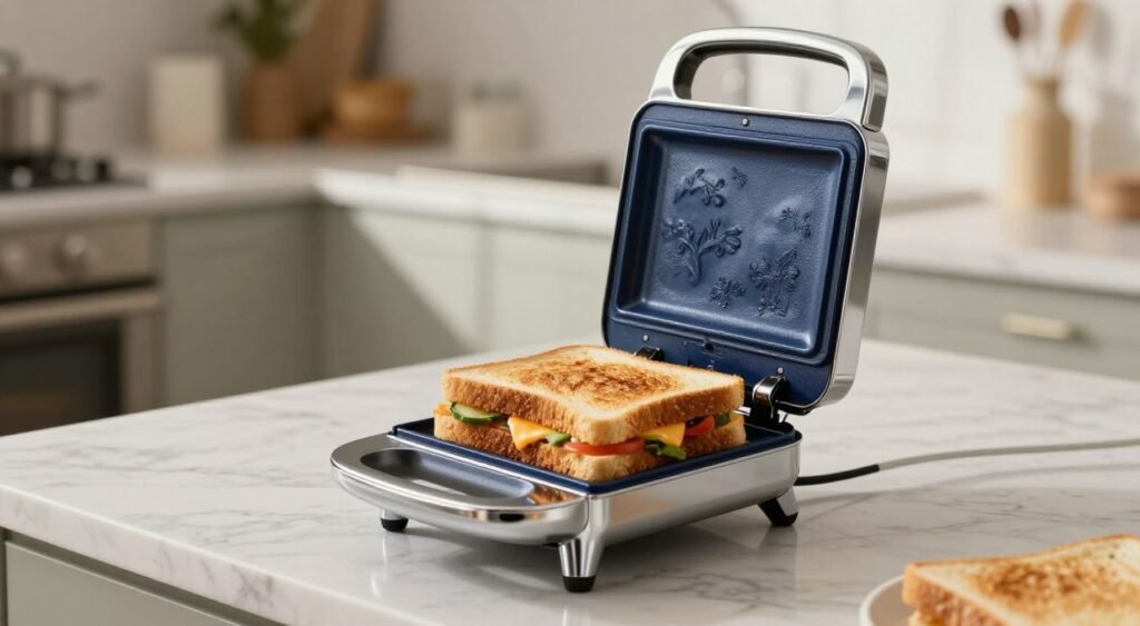 A stylish Sanduicheira Britânia Crome positioned prominently in the foreground, showcasing its sleek chrome finish and modern design. The sandwich maker is open, displaying a perfectly toasted sandwich with melted cheese and colorful ingredients, inviting a sense of deliciousness. In the middle ground, a minimalist kitchen setting features a marble countertop and subtle kitchen appliances, suggesting a stylish cooking environment. The background is softly blurred, with warm, natural light filtering through a window, creating an inviting and cozy atmosphere. The image is captured from a slightly elevated angle to highlight the details of the sandwich and the appliance, evoking a mood of culinary satisfaction and home comfort. A stylish Sanduicheira Britânia Crome positioned prominently in the foreground, showcasing its sleek chrome finish and modern design. The sandwich maker is open, displaying a perfectly toasted sandwich with melted cheese and colorful ingredients, inviting a sense of deliciousness. In the middle ground, a minimalist kitchen setting features a marble countertop and subtle kitchen appliances, suggesting a stylish cooking environment. The background is softly blurred, with warm, natural light filtering through a window, creating an inviting and cozy atmosphere. The image is captured from a slightly elevated angle to highlight the details of the sandwich and the appliance, evoking a mood of culinary satisfaction and home comfort.