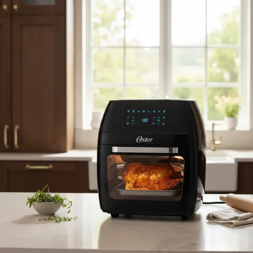 A sleek and modern Oster air fryer model OFRT780 is prominently displayed on a clean kitchen countertop, showcasing its polished stainless steel and black design. In the foreground, a beautifully plated dish of golden-brown crispy fries sits beside the air fryer, emphasizing the cooking results. The middle ground features the air fryer with its easy-to-use digital panel, highlighting its user-friendly interface. The background includes soft-focus kitchen elements like colorful utensils and ingredients, creating a warm and inviting atmosphere. Soft, natural light streams in from a nearby window, casting gentle shadows that enhance the three-dimensionality of the scene. The image conveys a sense of practicality and ease, ideal for daily cooking and cleaning routines.