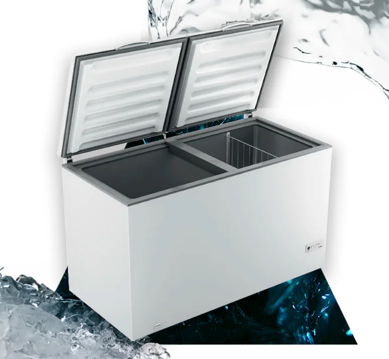 A detailed illustration showcasing the Consul CHB53EB horizontal freezer, emphasizing its features and limitations. In the foreground, depict the freezer open, revealing a well-organized interior with neatly arranged frozen foods. Include visible labels on the compartments highlighting capacity and functionality. In the middle ground, place tools and notes referencing the review's key points: energy efficiency, noise level, and customer feedback. The background features a kitchen setting, with soft, natural lighting highlighting the freezer's glossy finish. Use a slightly angled perspective to create depth and interest. The mood should be informative and professional, suited for a product review section, with a clean and uncluttered design ensuring focus on the freezer.